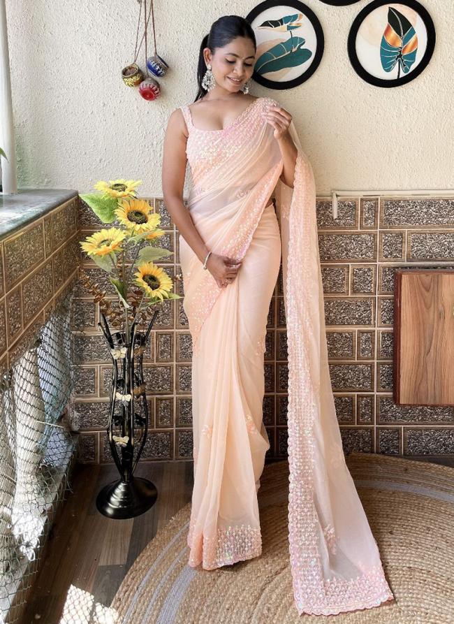 Soft Georgette Peach Daily Wear Sequins Work Saree